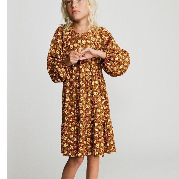 Zara Long Sleeves Floral Brown Dress Girls 7 EUC - Picture 1 of 7